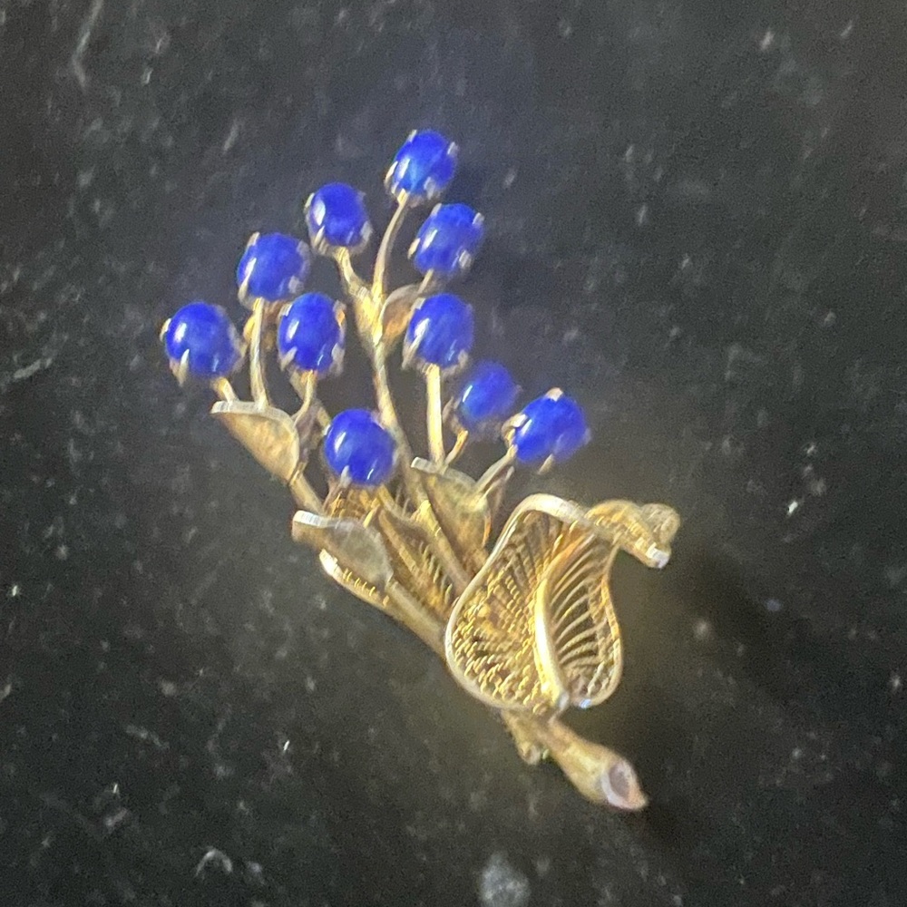 Vintage Silver Lapis Lazuli Floral Brooch